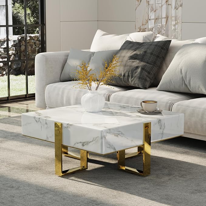 White and Gold Coffee Table, Modern Luxury Square Coffee Table with Faux Marble Tabletop and Polished Stainless Steel Legs for Living Room Apartment Office