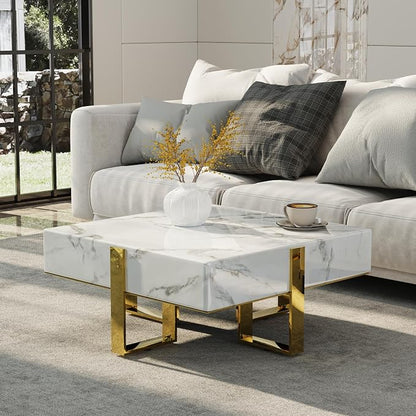 White and Gold Coffee Table, Modern Luxury Square Coffee Table with Faux Marble Tabletop and Polished Stainless Steel Legs for Living Room Apartment Office