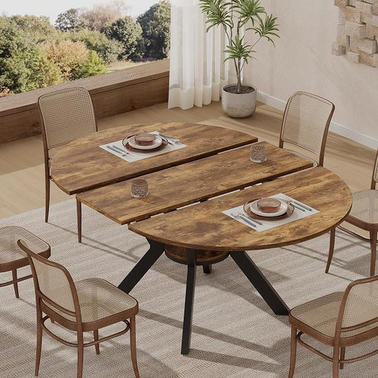 42"-58" Extendable Oval Dining Table for 4-6, Kitchen Round Table with Hidden Leaves & Storage Shelf, Space Saving Modern Design with Sturdy Metal Legs for Kitchen, Dining Room & Small Apartments