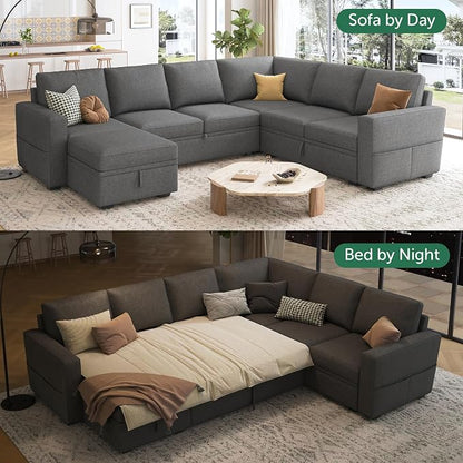 HONBAY Sectional Sleeper Sofa with Pull Out Bed, U Shaped Couch with Storage, Modular Sectional Couches for Living Room, Dark Grey