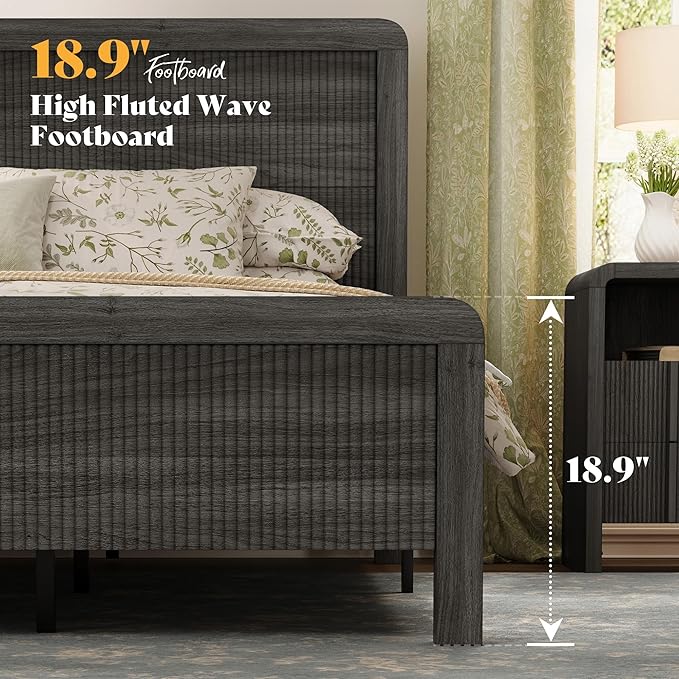 AMERLIFE 3-Piece Modern Fluted Bedroom Furniture Set, Including Wood Queen Size Bed Frame with Headboard & Footboard and Storage Night Stand Set of 2, Wooden Bedframe and Nightstand Sets, Black