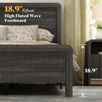 AMERLIFE 3-Piece Modern Fluted Bedroom Furniture Set, Including Wood Queen Size Bed Frame with Headboard & Footboard and Storage Night Stand Set of 2, Wooden Bedframe and Nightstand Sets, Black