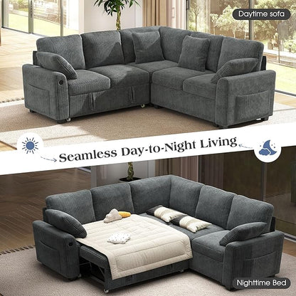 Ihanherry 83-inch 5-Seater Large Sectional Sofa Bed with Storage, Corduroy Reversible Modular Sleeper Sofa with USB Port & 4 Pillows, Convertible L-Shaped Couch for Living Room（Gray）