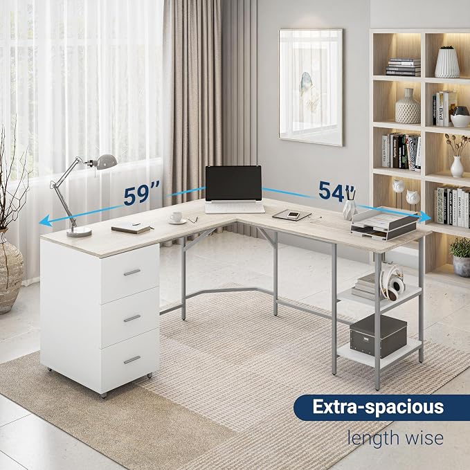 Techni Mobili L Shaped Desk - Two-Toned Computer Desk with Drawers & Storage Shelves - Simple Modern Furniture & Home Office Space Corner Table for Work & Writing | 59" two‑tone L‑shaped desk with storage shelves, durable frame, modern corner workstati...