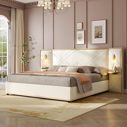 Merax Queen Bed Frame with Wingback Headboard, Luxury Velvet Upholstered Platform Bed Frame King Size with 2 Built-in Led Lights and 2 Floating Storage Shelves for Bedroom, No Box Spring Needed, Beige