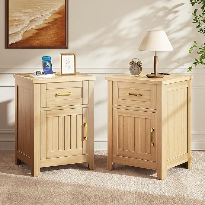 Decofy Farmhouse Nightstand with Charging Station, Set of 2 Modern End Tables with Large Storage and One Drawers, Outlets, USB Ports & Type-C Ports, Wood Rustic Nightstands for Bedroom (Oak)
