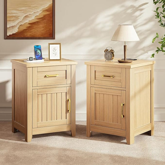 Decofy Farmhouse Nightstand with Charging Station, Set of 2 Modern End Tables with Large Storage and One Drawers, Outlets, USB Ports & Type-C Ports, Wood Rustic Nightstands for Bedroom (Oak)
