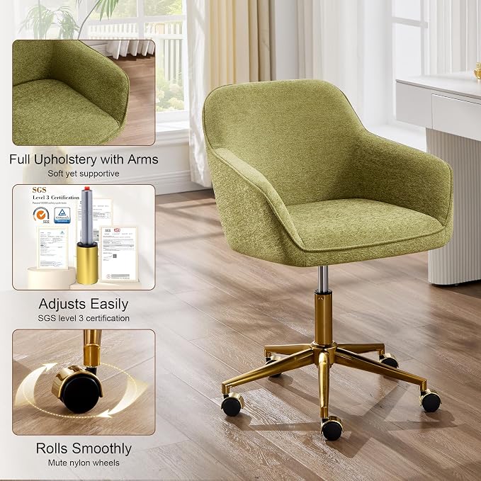 Zesthouse Vanity Chair with Wheels for Girl Women, Swivel Office Desk Chair | Green Chenille Rolling Office Chair with Arms & Gold Base, Upholstered Fabric Desk Chair for Bedroom, Height Adjustable Chair