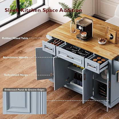 Large Kitchen Island with Rubber Wood Top Drop Leaf, 54" Rolling Kitchen Storage Cart on Wheels with Embossed Texture, Door Cabinet, Drawers, Spice Rack & Towel Rack for Dining Room, Grey + Blue