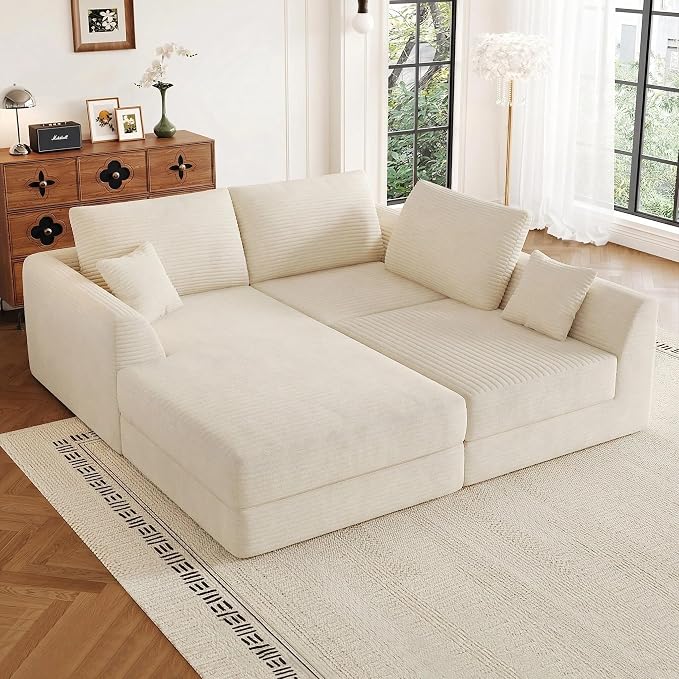106" Modular Sectional Sofa with Deep Seat, L-Shaped Corduroy Couch with Reversible Chaise, 3-Piece Set for Living Room Bedroom Apartment, No Assembly Required | Modular Design