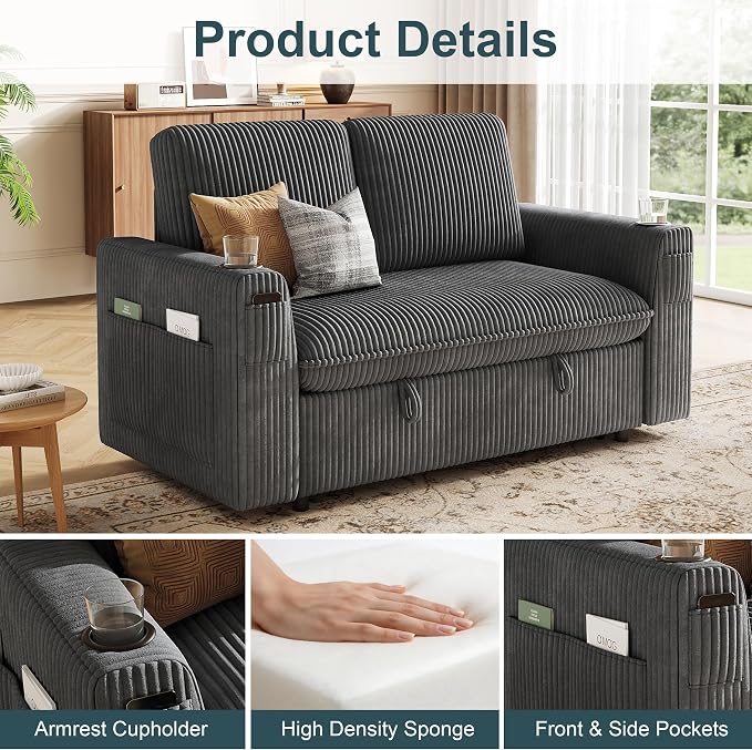 Sleeper Sofa with Pull Out Bed, Plush Corduroy Convertible Sofa Bed with Adjustable Backrest and Cup Holders, Loveseat Sleeper Couches for Living Room, Apartment, Light Grey