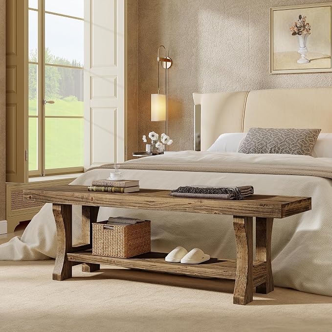 Solid Wood Entryway Bench, 55" End of Bed Bench, Long Indoor Dining Seat for Hallway, Bedroom, Living Room, Dining Room, Easy Assembly, Dark Brown