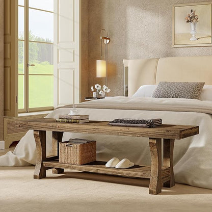 Solid Wood Entryway Bench, 55" End of Bed Bench, Long Indoor Dining Seat for Hallway, Bedroom, Living Room, Dining Room, Easy Assembly, Dark Brown