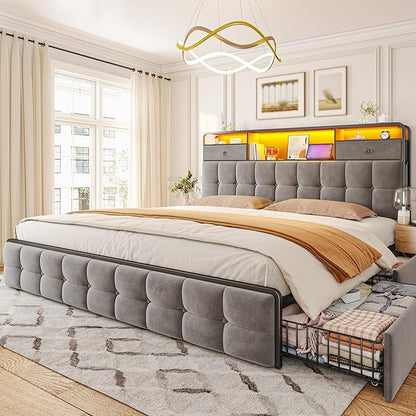 EnHomee King Size Bed Frame with 6 Storage Drawers and LED Lights,Bed Frame King Size with Velvet Upholstered Headboard and Charging Station,No Box Spring Needed,Noise-Free,Easy Assembly,Modern,Grey