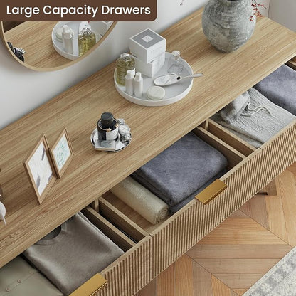 SUNWAVE 9 Drawer Dresser for Bedroom, 59.1" Large Fluted Dresser with Round Corner, Modern Dressers Wood Chest of Drawer for Living Room (Oak)