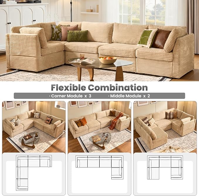ovios Modular Sectional Sofa Couch with V-Shape Chaise Convertible, Comfy Plush Corduroy Cloud Couches, Modern Luxury Deep Seat Sofas Set for Living Room, 5-Seater, Beige