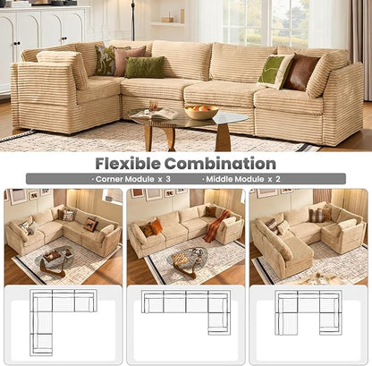ovios Modular Sectional Sofa Couch with V-Shape Chaise Convertible, Comfy Plush Corduroy Cloud Couches, Modern Luxury Deep Seat Sofas Set for Living Room, 5-Seater, Beige