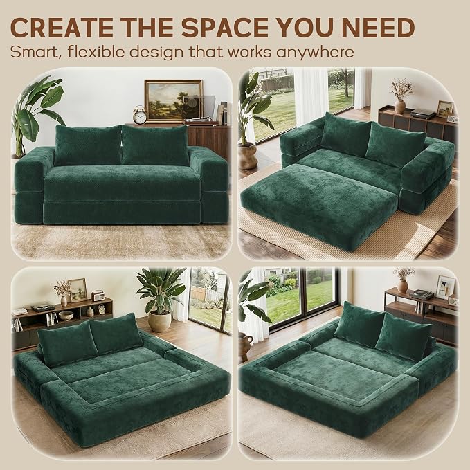 75'' Folding Convertible Sofa Bed with Large Pillow, 4-in-1 Foldable Pull Out Futon Sofa Bed, Chenille Boneless Mattress Couch, No Assembly Floor Sleeper Sofa Bed for Living Room/Bedroom, Dark Green