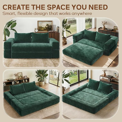 75'' Folding Convertible Sofa Bed with Large Pillow, 4-in-1 Foldable Pull Out Futon Sofa Bed, Chenille Boneless Mattress Couch, No Assembly Floor Sleeper Sofa Bed for Living Room/Bedroom, Dark Green