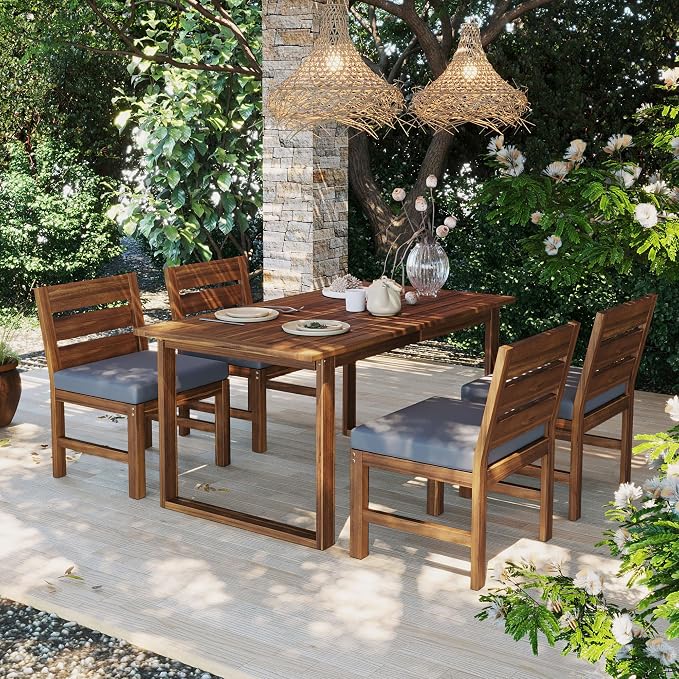 Quarte Premium 4-Piece Farmhouse Outdoor Dining Set in Solid Acacia Wood with Comfort Cushions and Adjustable Legs for Patio, Garden, Backyard (Brown+Gray5)