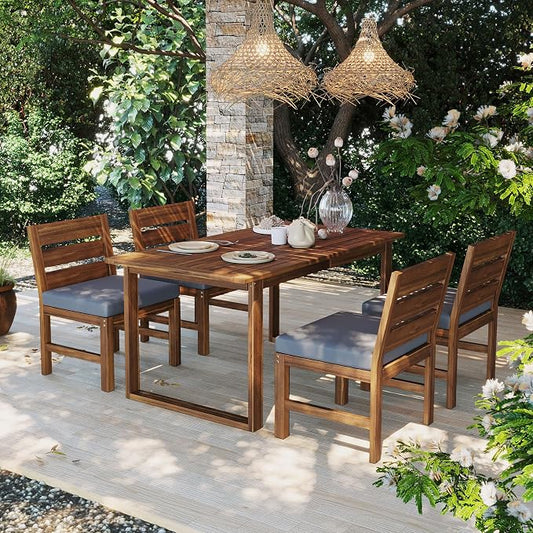 Quarte Premium 4-Piece Farmhouse Outdoor Dining Set in Solid Acacia Wood with Comfort Cushions and Adjustable Legs for Patio, Garden, Backyard (Brown+Gray5)