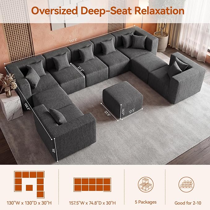MONVANE Modular Sectional Sofa, Oversized 10 Seat Convertible U Shaped Couch with Ottoman, Comfy Chenille Cloud Couch with Deep Seat, Sectional Couches for Living Room, No Assembly Required, Grey