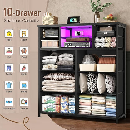 Romorgniz Black Dresser for Bedroom with LED Lights & Power Outlets 2 AC & 2 USB, Fabric 10 Drawer Dressers & Chest of Drawers with Open Shelves for Hallway Living Room Closet, Metal Frame, Wood Top