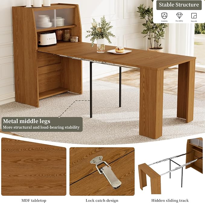 HIPIHOM 86.6" Extendable Dining Table for 4-6, MDF, Storage Cabinet | Retractable Console Table, Storage Cabinet for Kitchen or Dining Room, Ideal for Small Space, Apartment, Family Meal