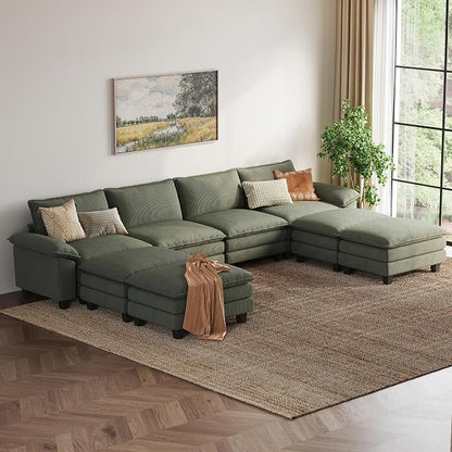 LINSY HOME 157'' Modular Sectional Sofa 4 Seat Couch Corduroy Cloud Couch with Deep Seat, Modern Cloud Couch with 4 Movable Ottoman for Living Room, Office, Bedroom, Green