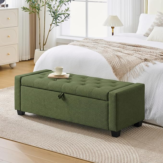Huatean Home 48" Ottoman with Storage, Storage Ottoman Bench with Safety Hinge, Upholstered Entryway Bench with Seating for Bedroom, Living Room, Holds up to 330 lb, Green