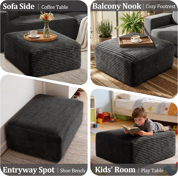 Corduroy Ottoman, Modern Boneless Cloud Foot Rest Foam Support, Oversized Modular Sectional Sofa Stool for Living Room, Bedroom & Small Spaces, No Assembly Required (Drak Gray, Ottoman)