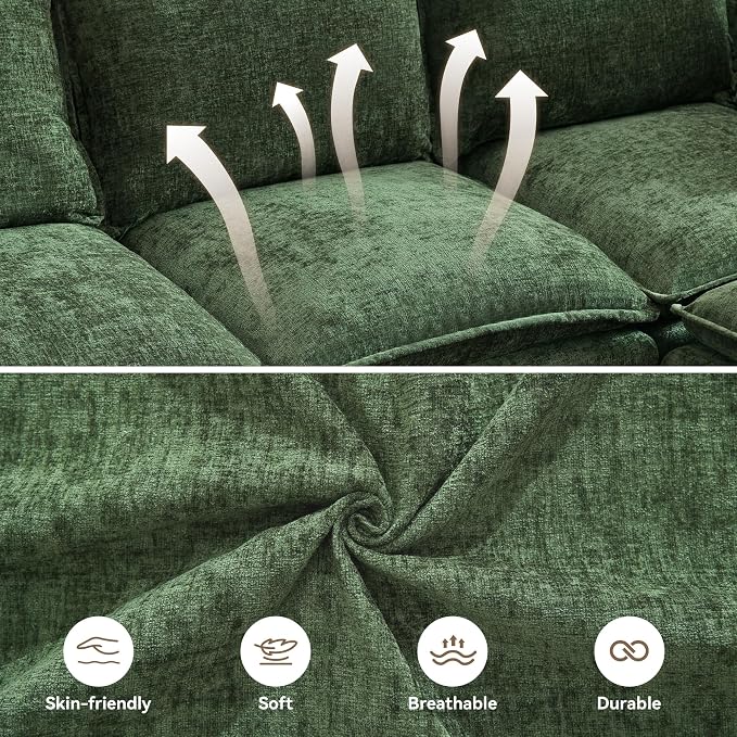 80" Cloud Modular 3 Seater Sofa with Storage Ottoman, Modern Upholstered Storage Sofa Couch Deep Seat, L Shape Sectional Sofa Chenille Comfy Couch with Armrests for Living Room, Small Space, Green