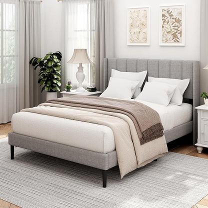 Sismplly Queen Size Bed Frame and Headboard,Vertical Channel Tufted Wingback No Box Spring Needed, Mattress Foundation, Easy Assembly Light Grey, Linen