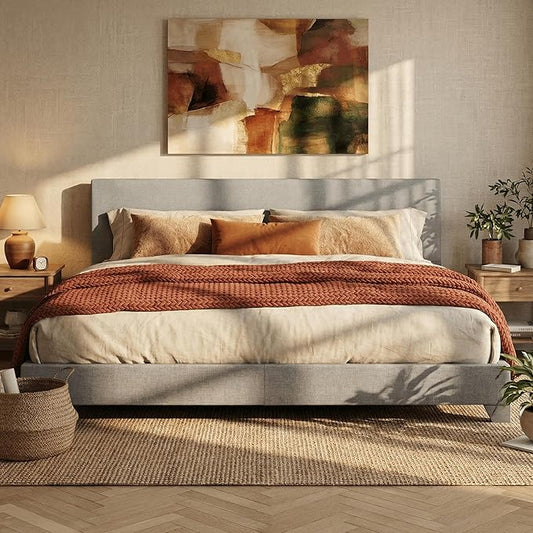 SHA CERLIN Linen Upholstered King Size Bed Frame with Headboard, Light Gray | Adjustable Low-Profile Platform Bed, Minimalist Design, Stable Mattress Foundation, Strong Back-Support, No Box Spring Needed