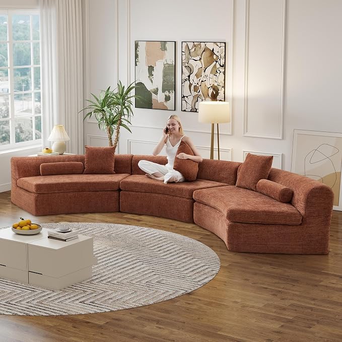 AVZEAR Curved Modular Sectional Sofa, Chenille Upholstered Cloud 3 Seater Couch for Living Room, No Assembly Modern Love Seat Sofa with 3 Bolster Pillows & 3 Square Pillows, High-Density Foam, Orange