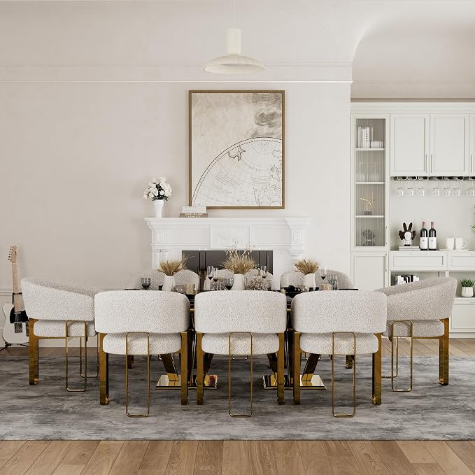 Boucle Dining Chairs Set of 9, White Barrel Dining Chairs with Arms and U-Shaped Mirrored Gold Legs, Modern Side Chairs for Dining Table, Kitchen and Dining Room Restaurant Recepition