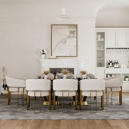 Boucle Dining Chairs Set of 9, White Barrel Dining Chairs with Arms and U-Shaped Mirrored Gold Legs, Modern Side Chairs for Dining Table, Kitchen and Dining Room Restaurant Recepition