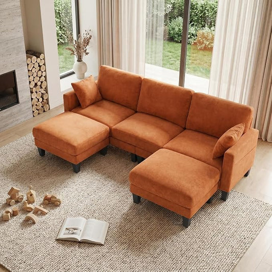 VINGLI 100" W U Shaped Couch with Ottoman, 22" Deep Seat Comfortable Sectional Couches for Living Room, 3 Seater Chenille Fabric Cloud Sofa for Apartment, Small Spaces, Bedroom, Orange