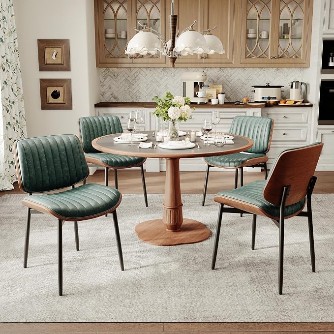 MALOL Leather Dining Chairs Set of 4, Modern Upholstered Dining Room Kitchen Chairs with Metal Legs and Wooden Back Support for Home Dining Room/Restaurant, Green