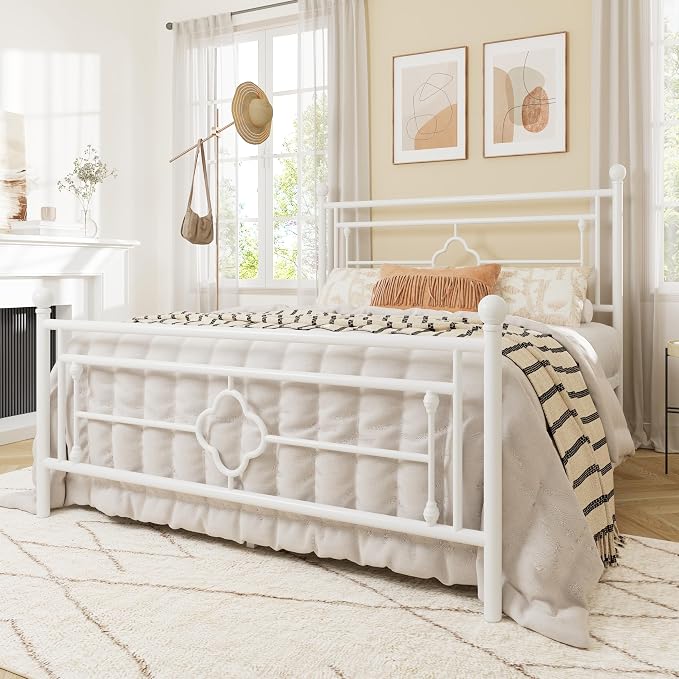 Allewie Full Size Metal Platform Bed Frame with Victorian Vintage Headboard and Footboard/Mattress Foundation/Under Bed Storage/No Box Spring Needed/Noise-Free/Easy Assembly, White