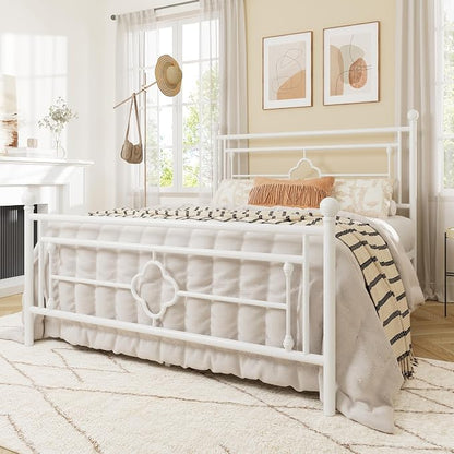 Allewie Full Size Metal Platform Bed Frame with Victorian Vintage Headboard and Footboard/Mattress Foundation/Under Bed Storage/No Box Spring Needed/Noise-Free/Easy Assembly, White