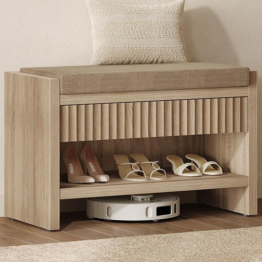 SICOTAS 31.3”W Fluted Entryway Shoe Bench with Cushion & Drawer, Light Oak | Modern Fluted Design, 300 lb Capacity, 19.69"H Ergonomic Seat, Spacious Drawer, Open Shoe Storage, Multi-Room Use