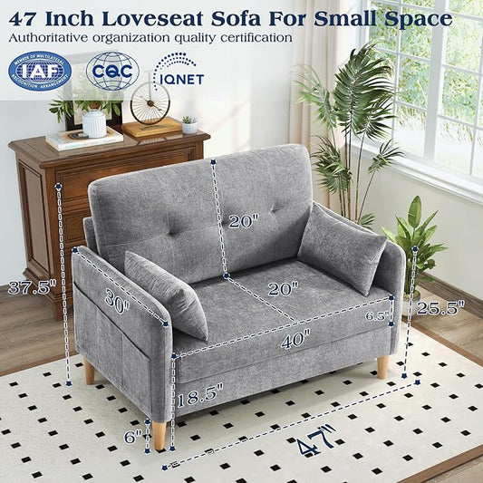 Hanherry Loveseat Sofa, 47” Small Couch for Living Room, Comfy Chenille Fabric Love Seat for Bedroom with Throw Pillow,Removable Cushion Cover,Couches for Small Space,Apartment,Dorm