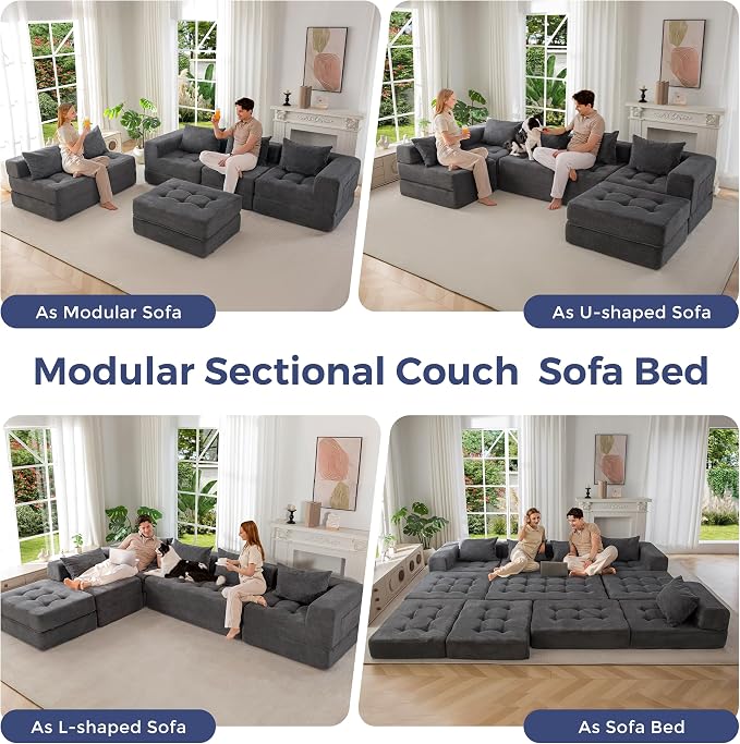 MAXYOYO Modular Sectional Sofa Couch, Foldable U Shaped Cloud Couch with Pillows, Tufted 6-Seat Boneless Lounger Floor Sofa Bed for Living Room, No Assembly Required, Dark Grey