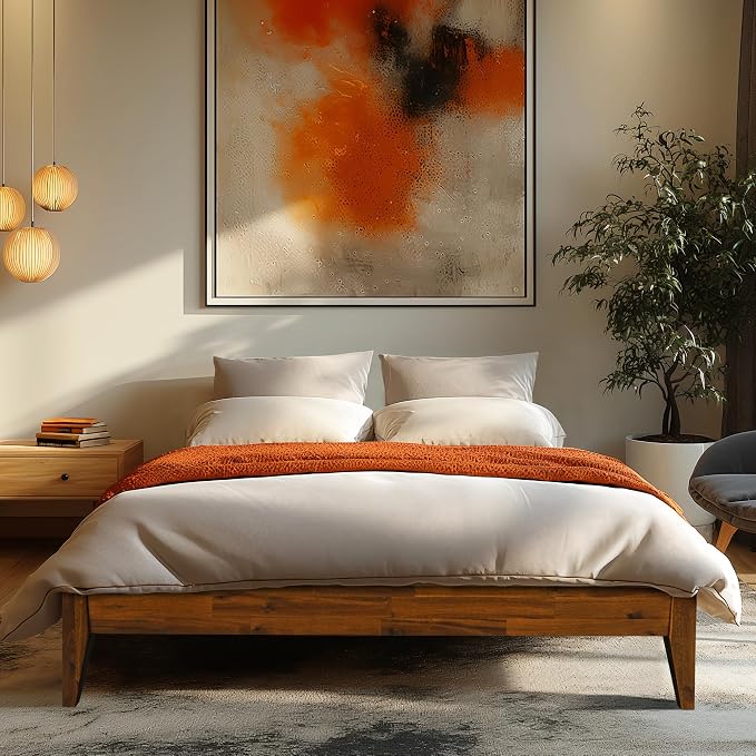 Acacia Mervyn Queen Size Bed Frame, Queen Platform Bed Frame, Mid Century Wood Bed Compatible with All Mattress Types, Wood Slats Support, Queen Bed Frame, Caramel