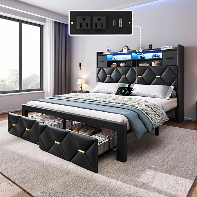 DWVO Full Size Bed Frame with 2 Storage Drawers and Storage Headboard, Upholstered Platform with Charging Station and LED Light, No Box Spring Needed, Noise Free, Easy Assembly, PU Leather Black