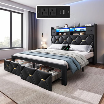 DWVO Full Size Bed Frame with 2 Storage Drawers and Storage Headboard, Upholstered Platform with Charging Station and LED Light, No Box Spring Needed, Noise Free, Easy Assembly, PU Leather Black