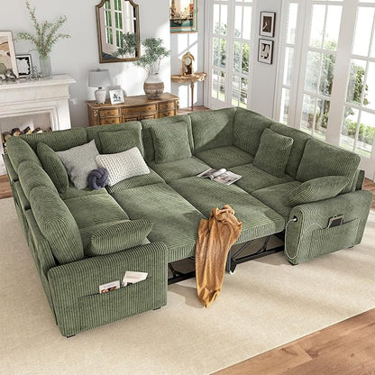 Hanherry Sectional Sofa with Pull Out Couch Bed,Corduroy Sleeper Sofa with 2 Seat Storage & USB Charging,Comfy Modular Couches for Living Room,Apartment