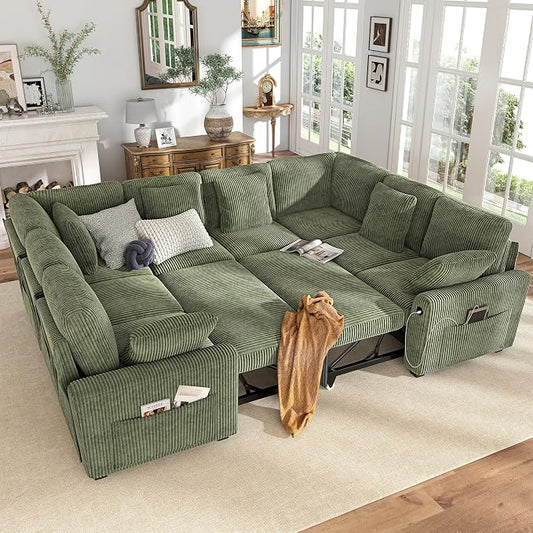 Hanherry Sectional Sofa with Pull Out Couch Bed,Corduroy Sleeper Sofa with 2 Seat Storage & USB Charging,Comfy Modular Couches for Living Room,Apartment