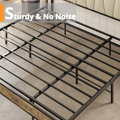 LIKIMIO King Bed Frame, Storage Headboard with Charging Station, Solid and Stable, Noise Free, No Box Spring Needed, Easy Assembly (Walnut and Beige)